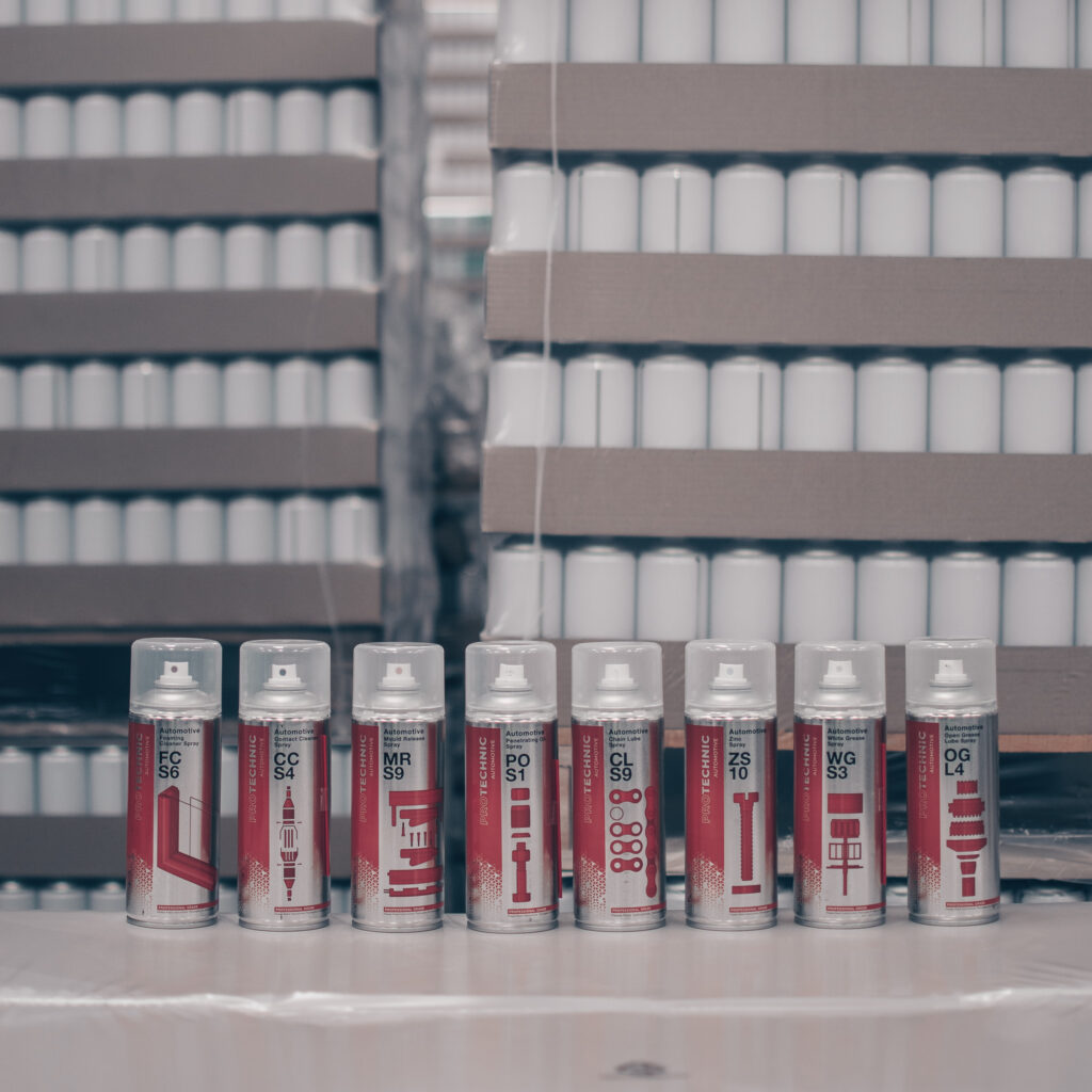 The ProTechnic Range of Aerosols in a warehouse